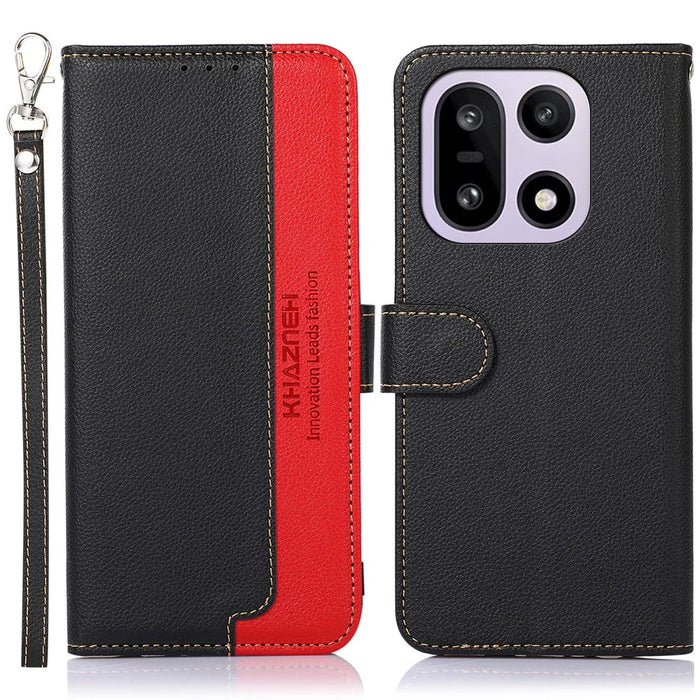 KHAZNEH For OnePlus 15 5G Case RFID Blocking Wallet Litchi Texture PU Leather Phone Cover with Strap - Black - 1