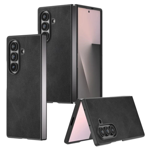 For Samsung Galaxy Z Fold7 5G Case Cowhide Texture PU Leather Coated Phone Cover - Black - 1