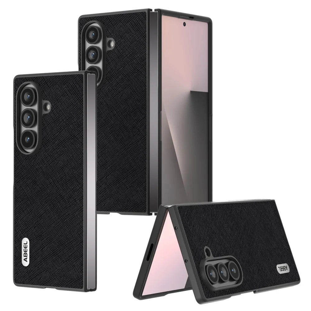 For Samsung Galaxy Z Fold7 5G Case Cross Texture Genuine Cow Leather Coated PC Phone Cover - Black - 1
