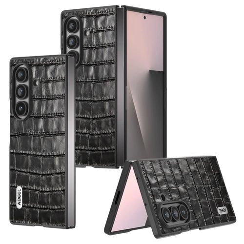 ABEEL For Samsung Galaxy Z Fold7 5G Cases Crocodile Texture Genuine Cow Leather + TPU Phone Cover - Black - 1