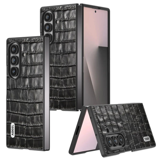ABEEL For Samsung Galaxy Z Fold7 5G Cases Crocodile Texture Genuine Cow Leather + TPU Phone Cover - Black - 1