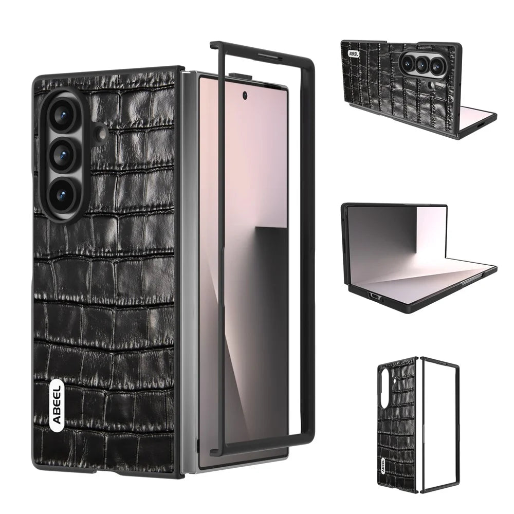 ABEEL For Samsung Galaxy Z Fold7 5G Cases Crocodile Texture Genuine Cow Leather + TPU Phone Cover - Black - 2
