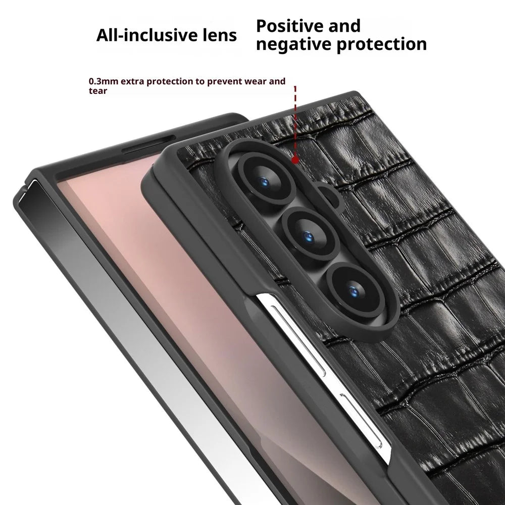 ABEEL For Samsung Galaxy Z Fold7 5G Cases Crocodile Texture Genuine Cow Leather + TPU Phone Cover - Black - 4