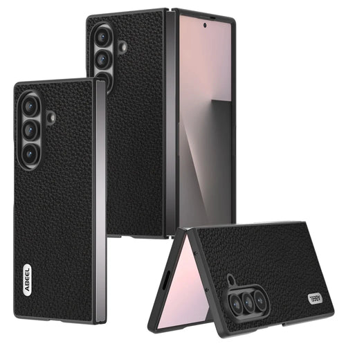 ABEEL Star Series For Samsung Galaxy Z Fold7 5G Case Genuine Cow Leather + PC Phone Cover - Black - 1