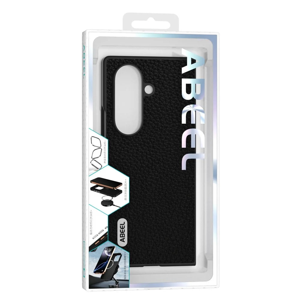 ABEEL Star Series For Samsung Galaxy Z Fold7 5G Case Genuine Cow Leather + PC Phone Cover - Black - 6
