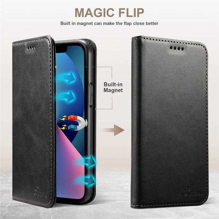 SUTENI Protective Case for iPhone 14 Wallet Phone Case PU Leather Stand Phone Cover Anti-Drop Magnetic Closure Phone Shell - Black - 3