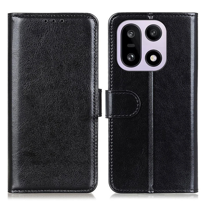 For OnePlus 15 5G Case Crazy Horse Texture PU Leather Phone Stand Cover - Black - 1