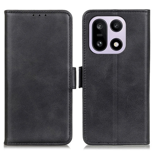 For OnePlus 15 5G Case Stand Cowhide Texture PU Leather Phone Cover - Black - 1