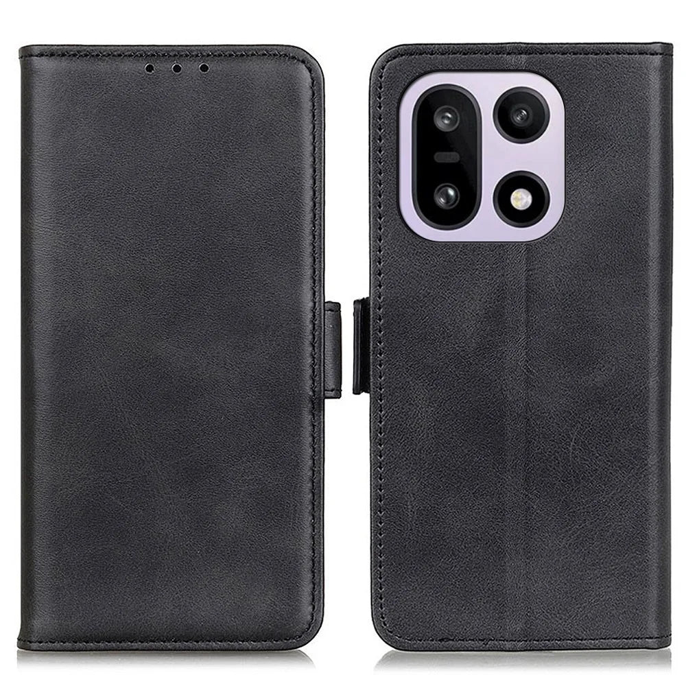 For OnePlus 15 5G Case Stand Cowhide Texture PU Leather Phone Cover - Black - 1