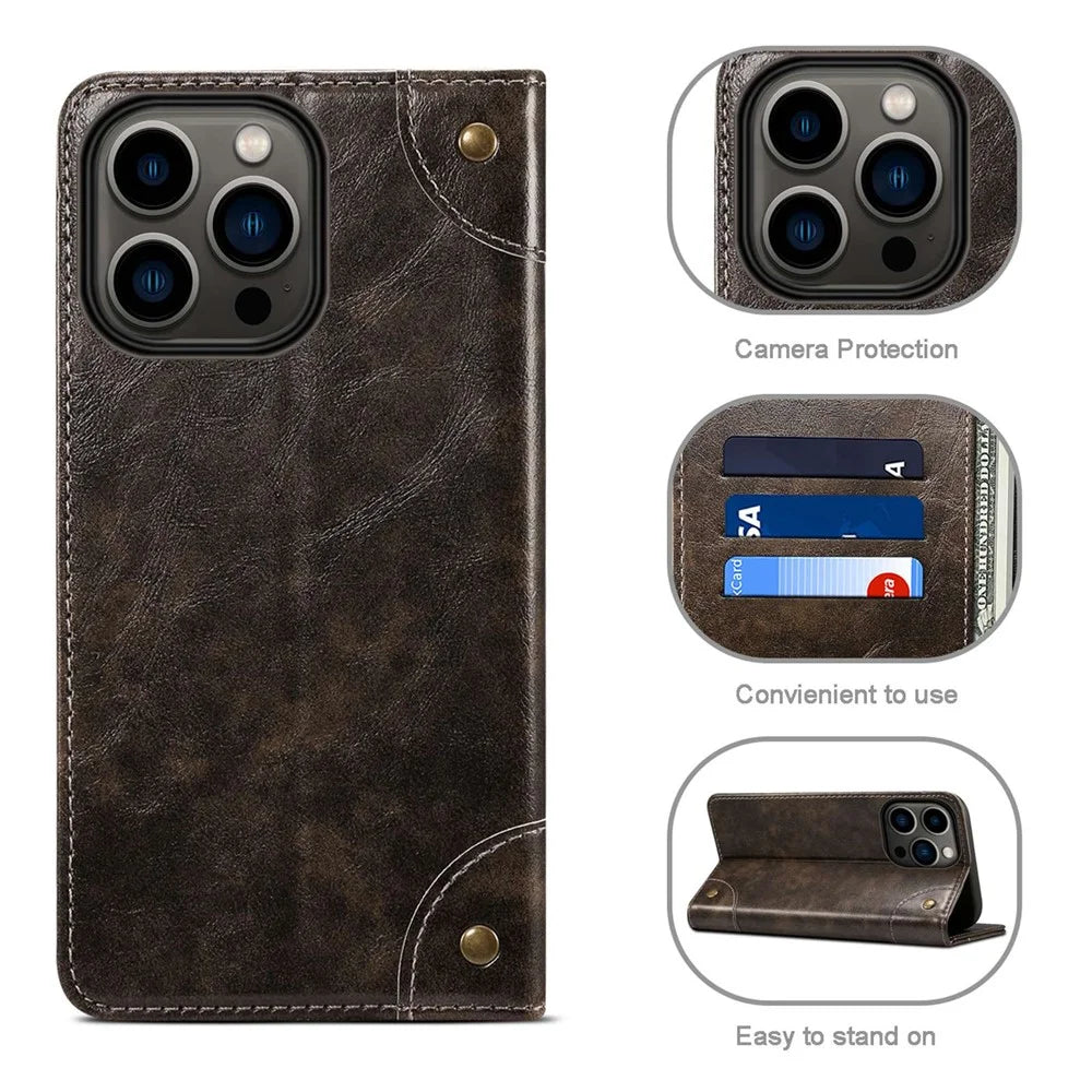 SUTENI For iPhone 14 Pro Anti-scratch Protective Case Magnetic Buckle PU Leather TPU Wallet Phone Cover - Dark Grey - 7