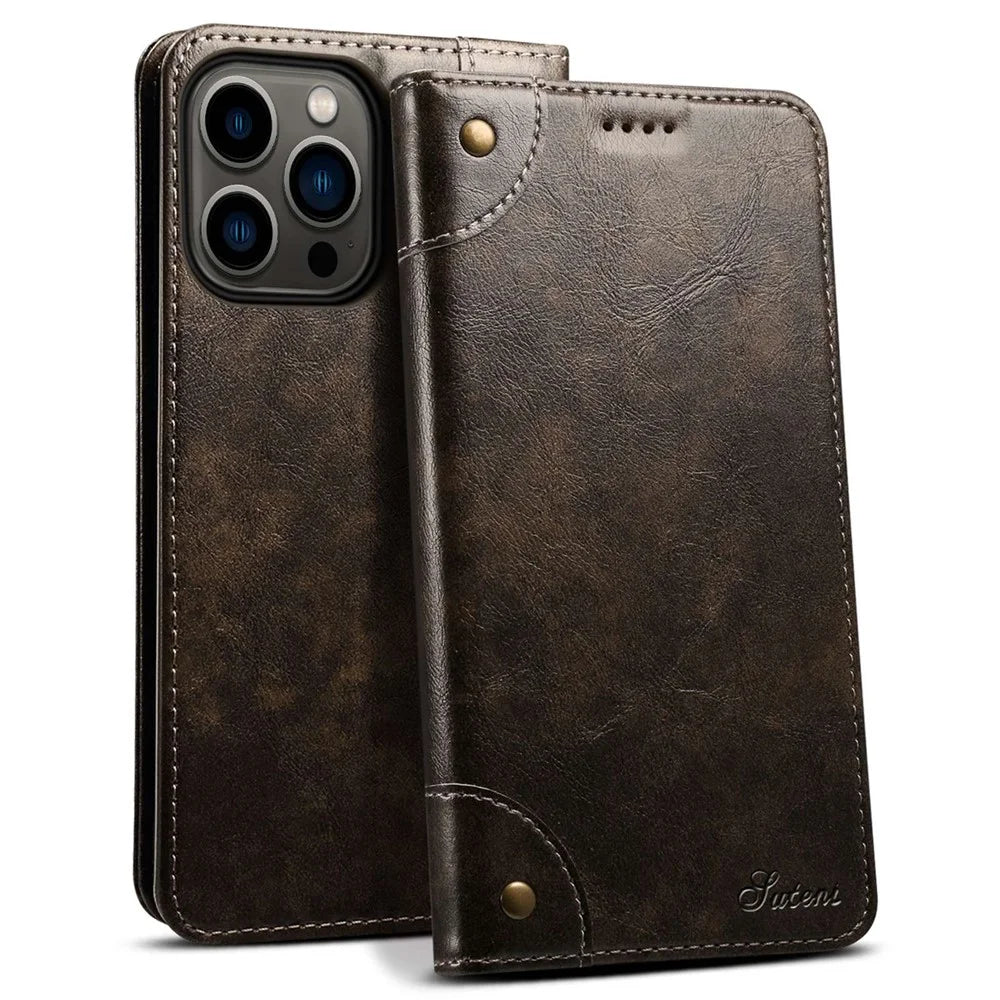 SUTENI For iPhone 14 Pro Max PU Leather Magnetic Auto Closing Stand Case Folio Flip Phone Wallet Cover - Dark Grey - 1