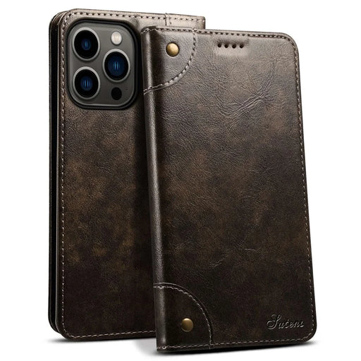 SUTENI For iPhone 14 Pro Max PU Leather Magnetic Auto Closing Stand Case Folio Flip Phone Wallet Cover - Dark Grey - 1