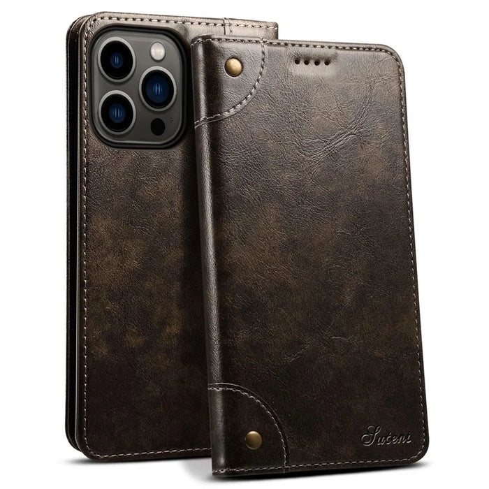 SUTENI For iPhone 14 Pro Max PU Leather Magnetic Auto Closing Stand Case Folio Flip Phone Wallet Cover - Dark Grey - 1