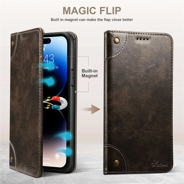 SUTENI For iPhone 14 Pro Max PU Leather Magnetic Auto Closing Stand Case Folio Flip Phone Wallet Cover - Dark Grey - 3