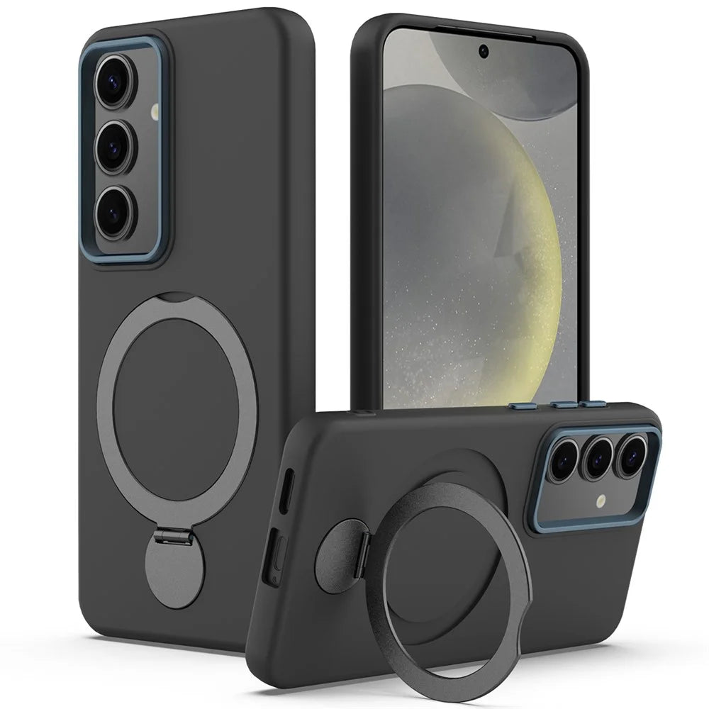 For Samsung Galaxy S25 / S24 Magnetic Case Rotating Ring Kickstand TPU + PC Phone Back Cover - Black - 1