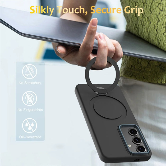 For Samsung Galaxy S25 / S24 Magnetic Case Rotating Ring Kickstand TPU + PC Phone Back Cover - Black - 2