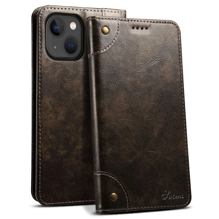 SUTENI For iPhone 14 Magnetic Auto Closing Phone Case PU Leather Stand Wallet Protective Cover - Dark Grey - 1