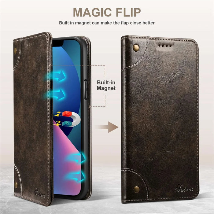SUTENI For iPhone 14 Magnetic Auto Closing Phone Case PU Leather Stand Wallet Protective Cover - Dark Grey - 3