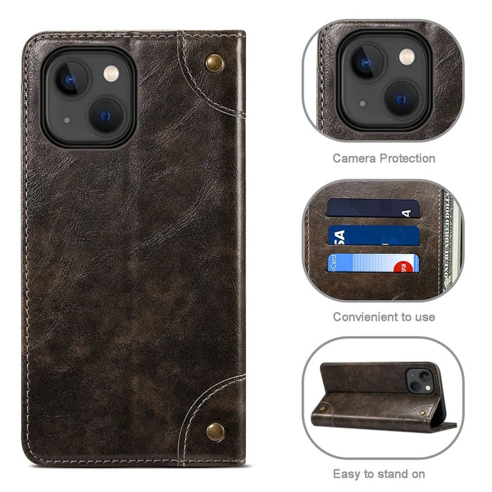 SUTENI For iPhone 14 Magnetic Auto Closing Phone Case PU Leather Stand Wallet Protective Cover - Dark Grey - 7