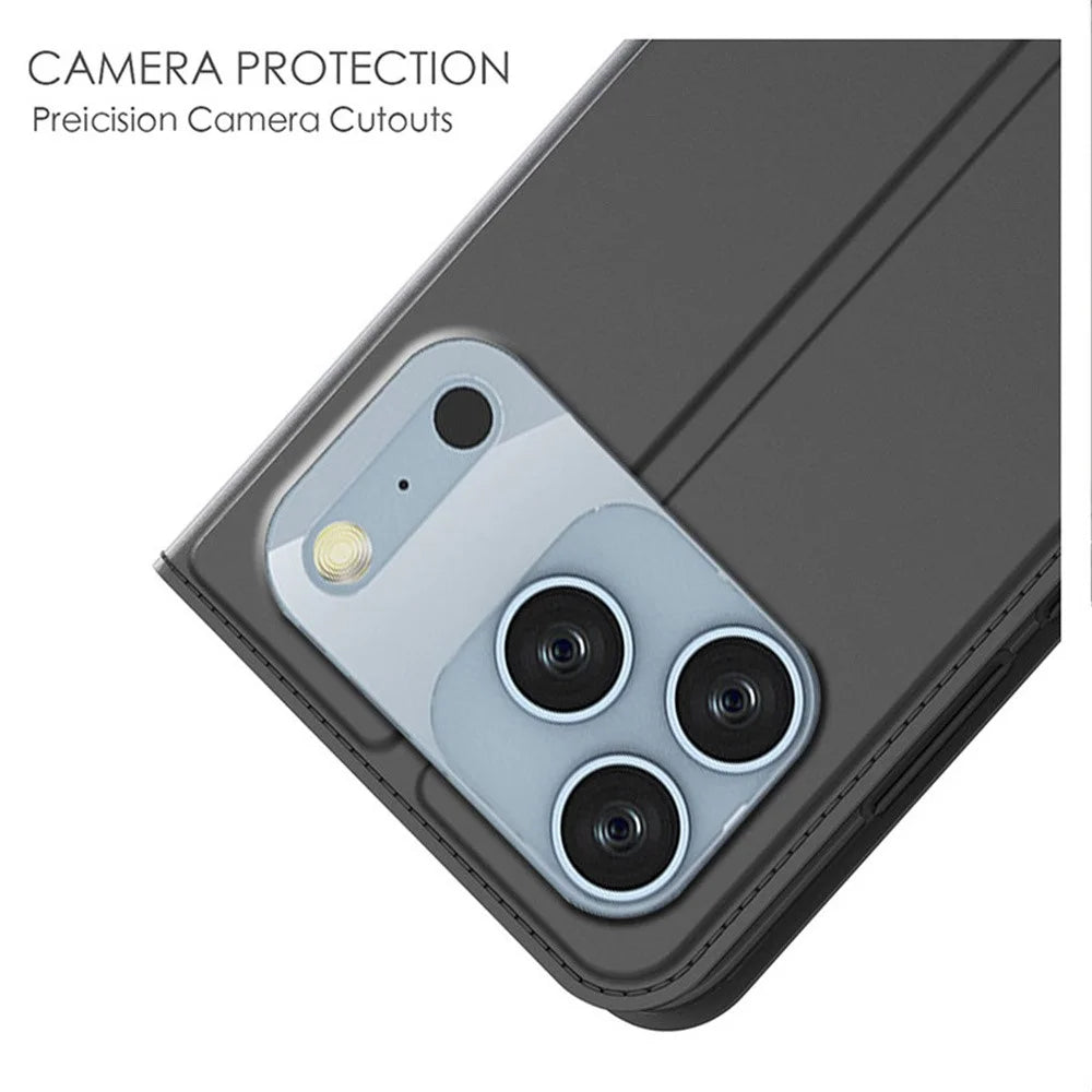 For iPhone 17 Pro Case PU Leather Phone Cover with Card Holder Stand - Black - 5