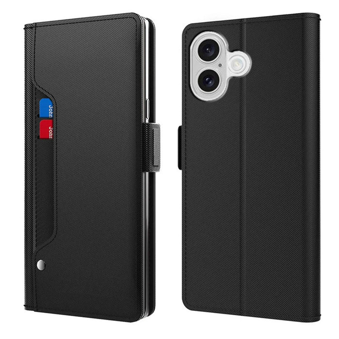 For iPhone 17 Case Stand PU Leather Phone Cover Card Holder Mirror - Black - 1