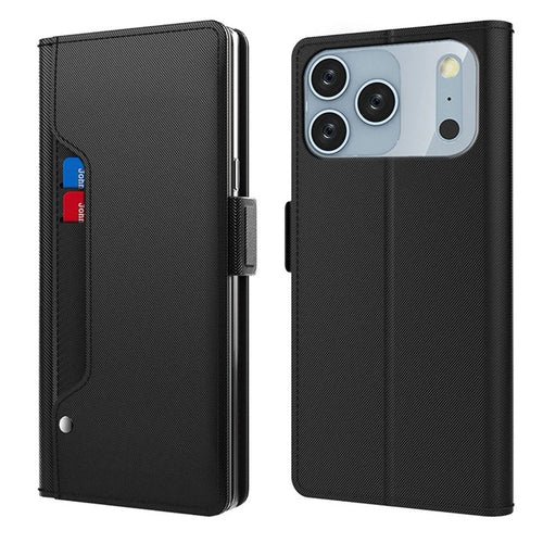 For iPhone 17 Pro Max Case Stand PU Leather Phone Cover Card Holder Mirror - Black - 1