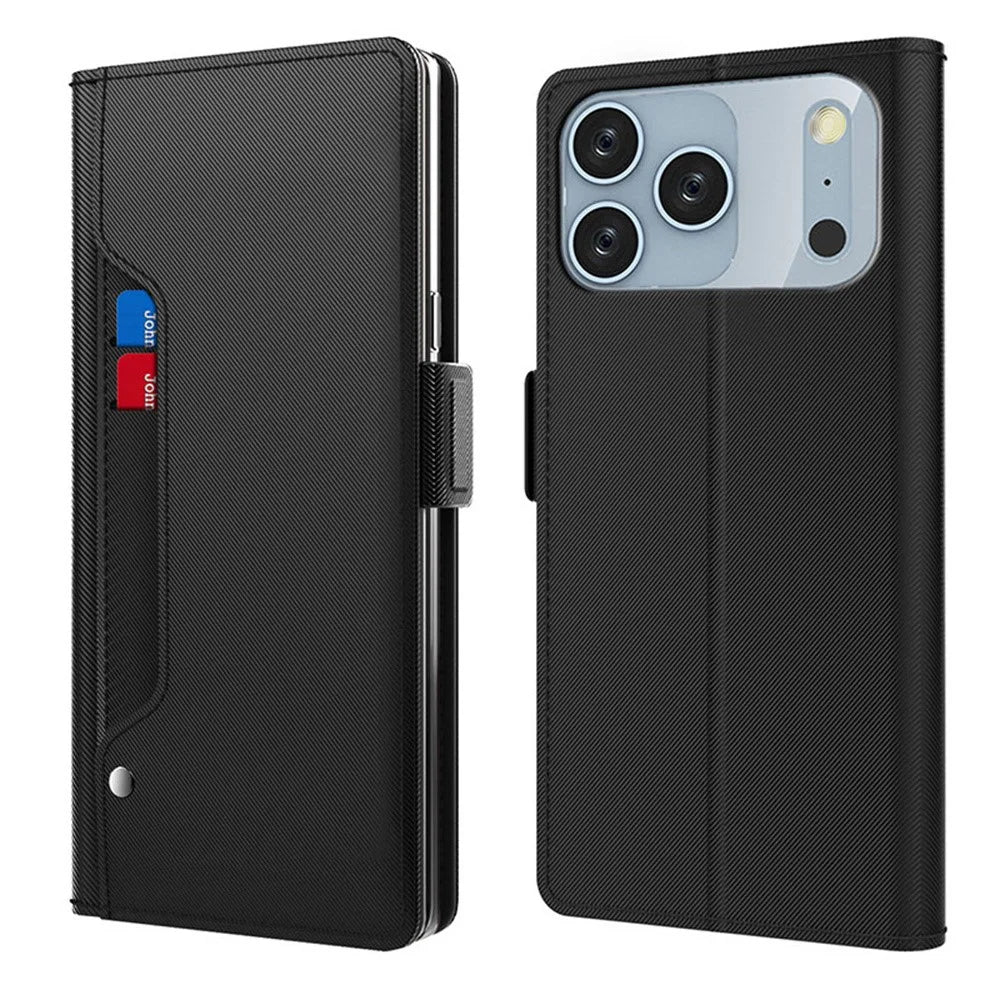 For iPhone 17 Pro Max Case Stand PU Leather Phone Cover Card Holder Mirror - Black - 1