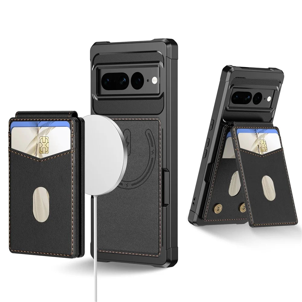 For Google Pixel 7 Pro 5G Magnetic Case Detachable Card Slot Kickstand Leather + TPU Phone Cover - Black - 1