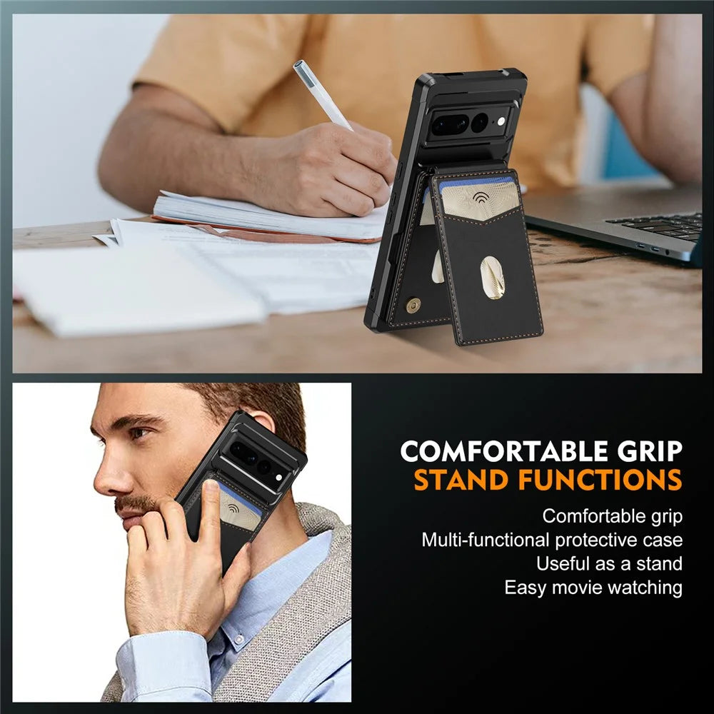 For Google Pixel 7 Pro 5G Magnetic Case Detachable Card Slot Kickstand Leather + TPU Phone Cover - Black - 6