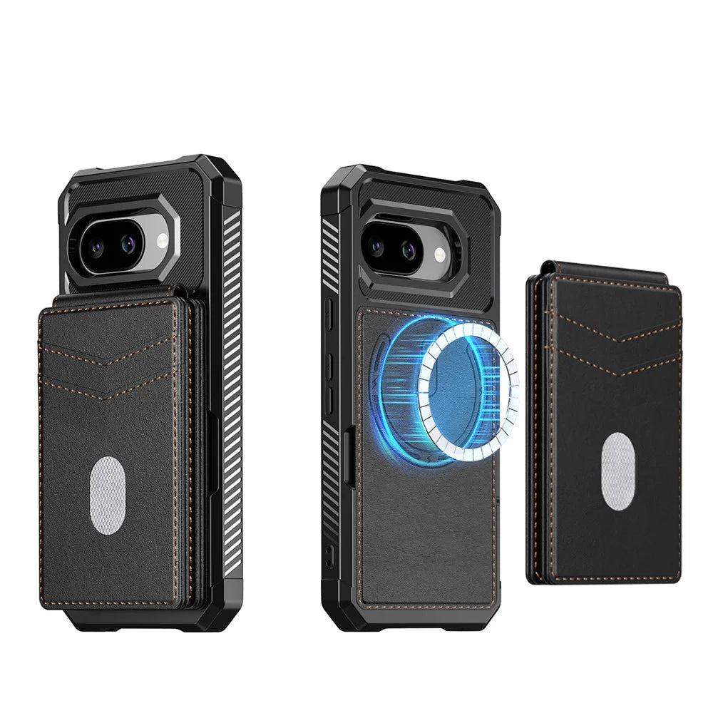 For Google Pixel 9a Magnetic Case Detachable Card Slot Kickstand Leather + TPU Phone Cover - Black - 2