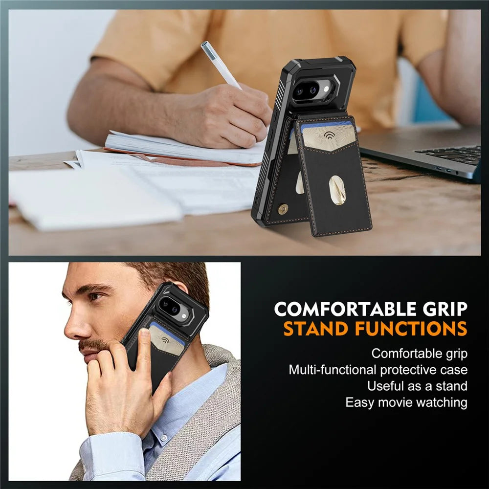 For Google Pixel 9a Magnetic Case Detachable Card Slot Kickstand Leather + TPU Phone Cover - Black - 6