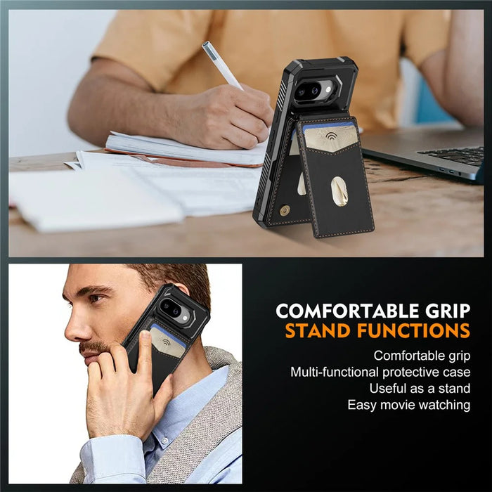 For Google Pixel 9a Magnetic Case Detachable Card Slot Kickstand Leather + TPU Phone Cover - Black - 6