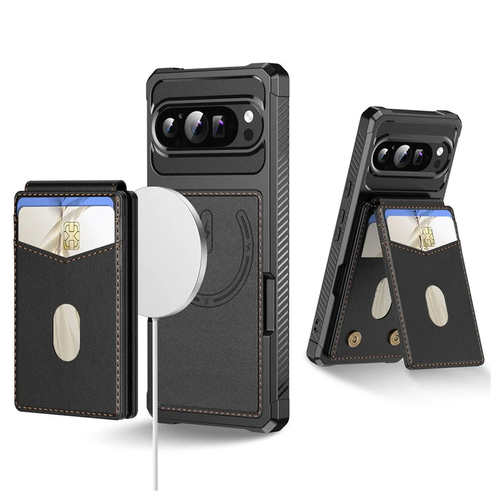 For Google Pixel 10 Pro XL Magnetic Case Detachable Card Slot Kickstand Leather + TPU Phone Cover - Black - 1