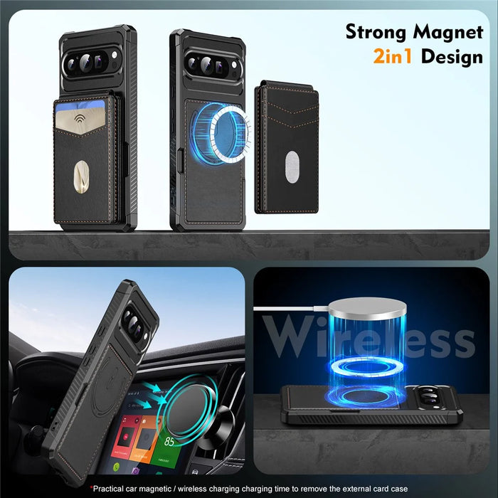 For Google Pixel 10 Pro XL Magnetic Case Detachable Card Slot Kickstand Leather + TPU Phone Cover - Black - 5