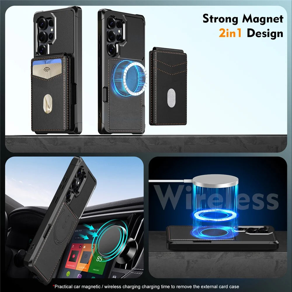 For Samsung Galaxy S23 Ultra Magnetic Case Detachable Card Slot Kickstand Leather + TPU Phone Cover - Black - 5