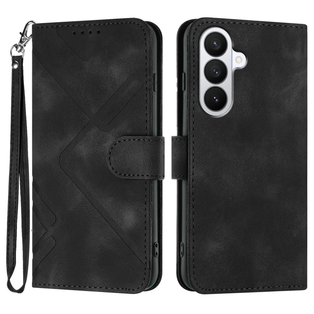For Samsung Galaxy S26 Wallet Case Line Imprinted PU Leather Phone Cover with Strap - Black - 1