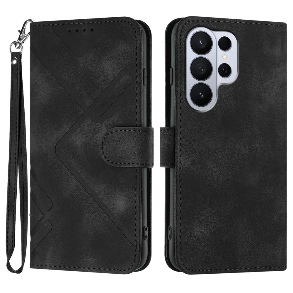 For Samsung Galaxy S26 Ultra Wallet Case Line Imprinted PU Leather Phone Cover with Strap - Black - 1