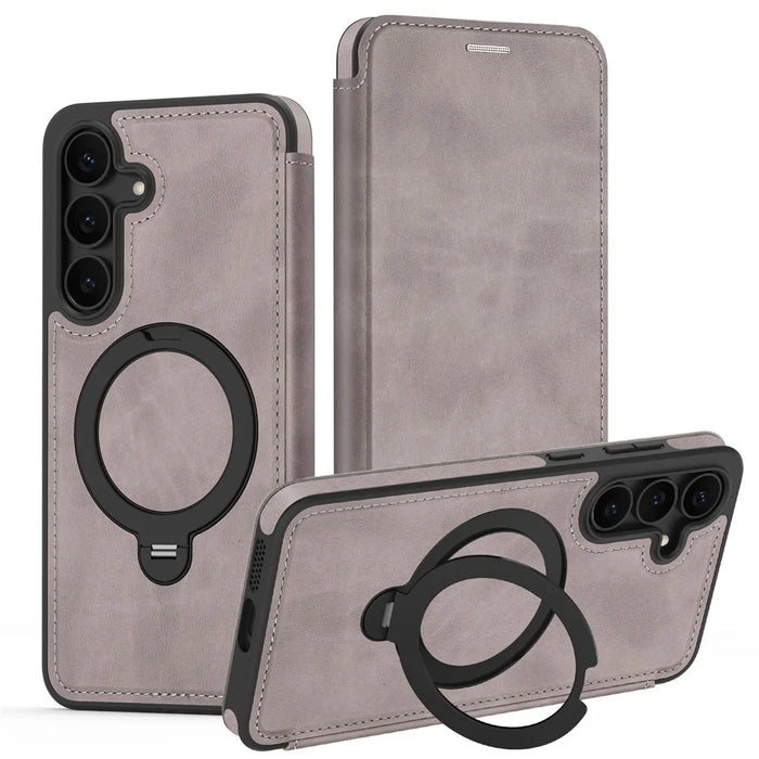 For Samsung Galaxy S25 FE Magnetic Case RFID Blocking Leather Wallet Cover with Rotating Ring Kickstand - Titanium Grey - 1