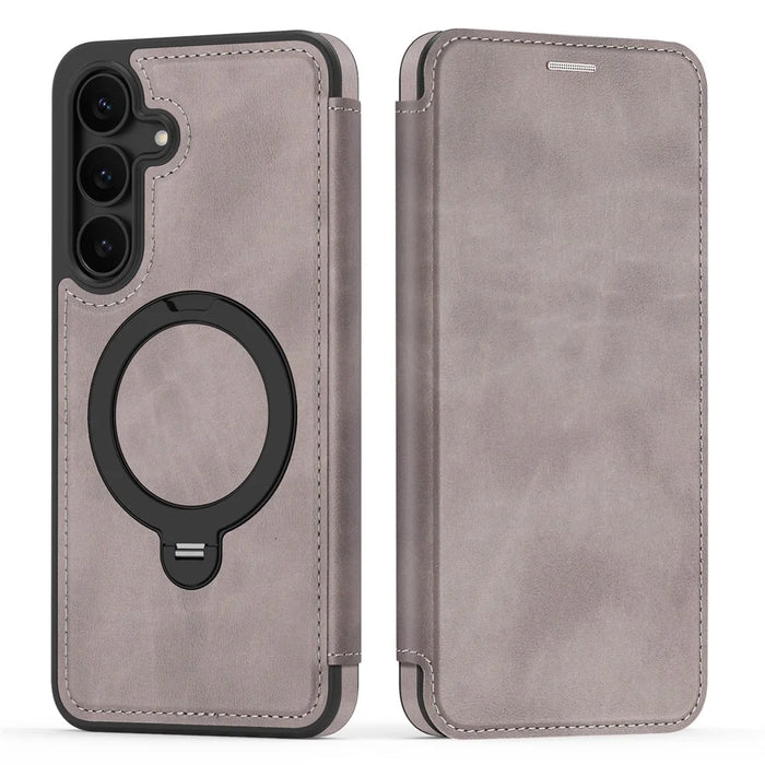 For Samsung Galaxy S25 FE Magnetic Case RFID Blocking Leather Wallet Cover with Rotating Ring Kickstand - Titanium Grey - 2