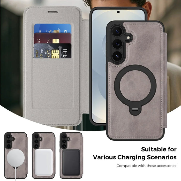 For Samsung Galaxy S25 FE Magnetic Case RFID Blocking Leather Wallet Cover with Rotating Ring Kickstand - Titanium Grey - 4