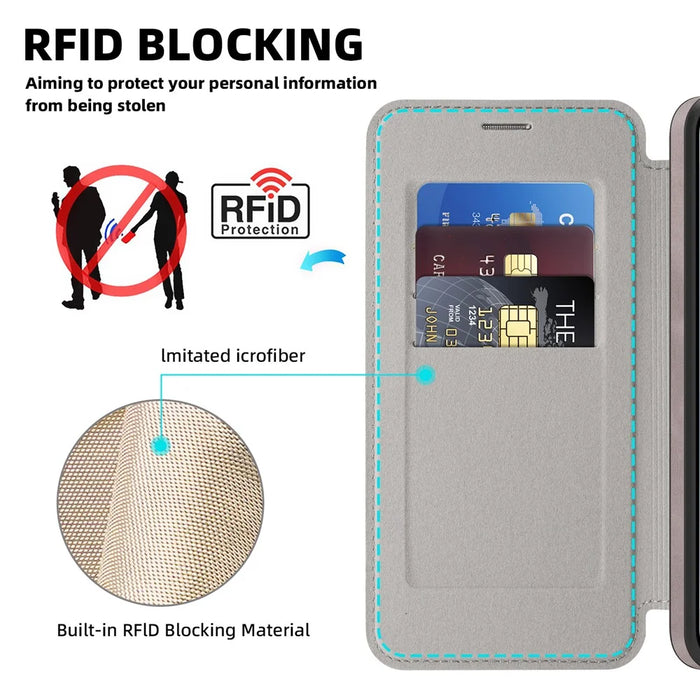 For Samsung Galaxy S25 FE Magnetic Case RFID Blocking Leather Wallet Cover with Rotating Ring Kickstand - Titanium Grey - 5