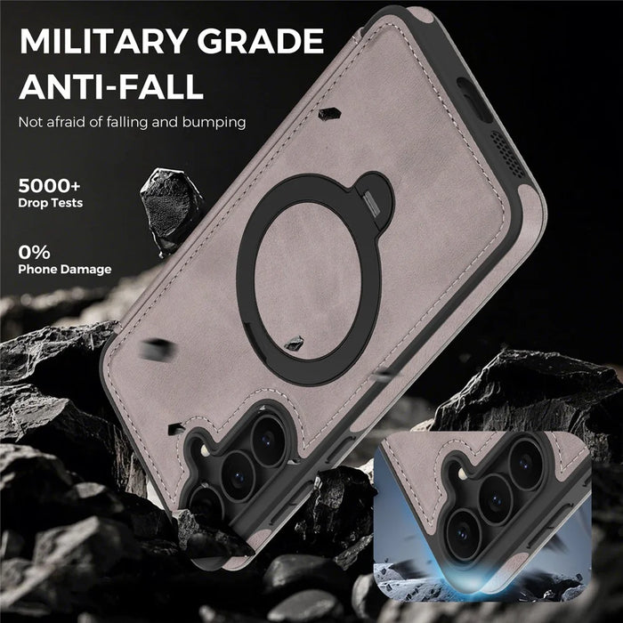 For Samsung Galaxy S25 FE Magnetic Case RFID Blocking Leather Wallet Cover with Rotating Ring Kickstand - Titanium Grey - 6