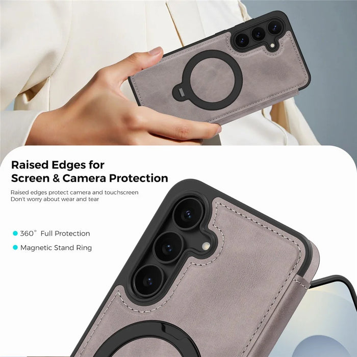For Samsung Galaxy S25 FE Magnetic Case RFID Blocking Leather Wallet Cover with Rotating Ring Kickstand - Titanium Grey - 7