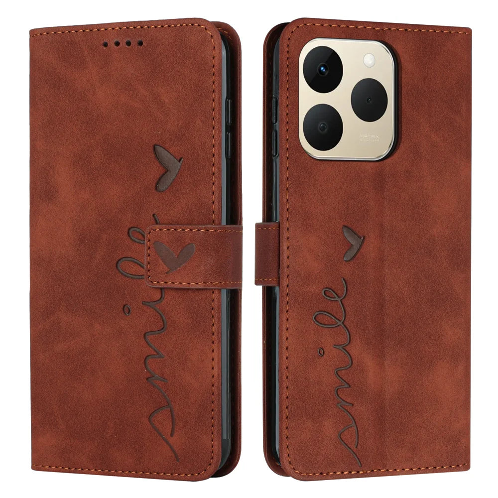 For Realme 15T 5G Stand Case PU Leather Phone Cover Imprinted Heart Pattern - Brown - 1