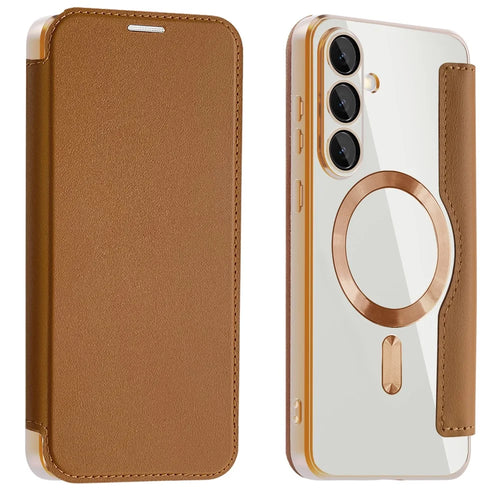 For Samsung Galaxy S25 FE Magnetic Case RFID Blocking Card Holder Leather Phone Cover - Brown - 1