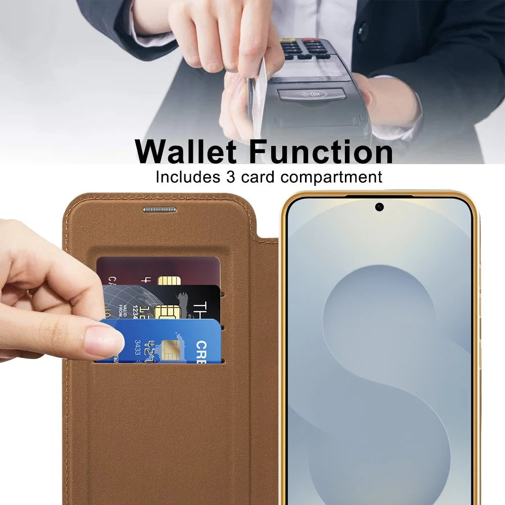 For Samsung Galaxy S25 FE Magnetic Case RFID Blocking Card Holder Leather Phone Cover - Brown - 2