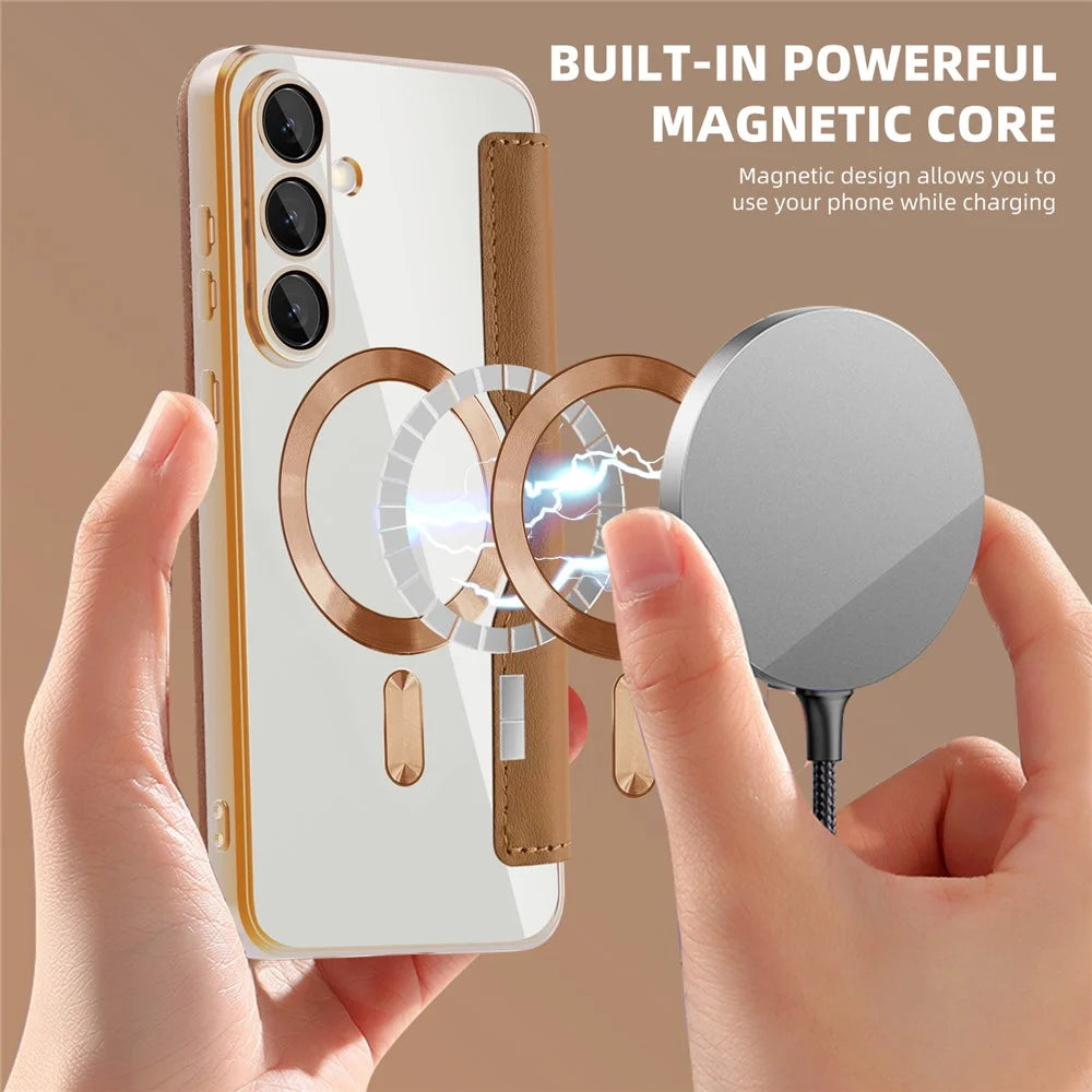 For Samsung Galaxy S25 FE Magnetic Case RFID Blocking Card Holder Leather Phone Cover - Brown - 3