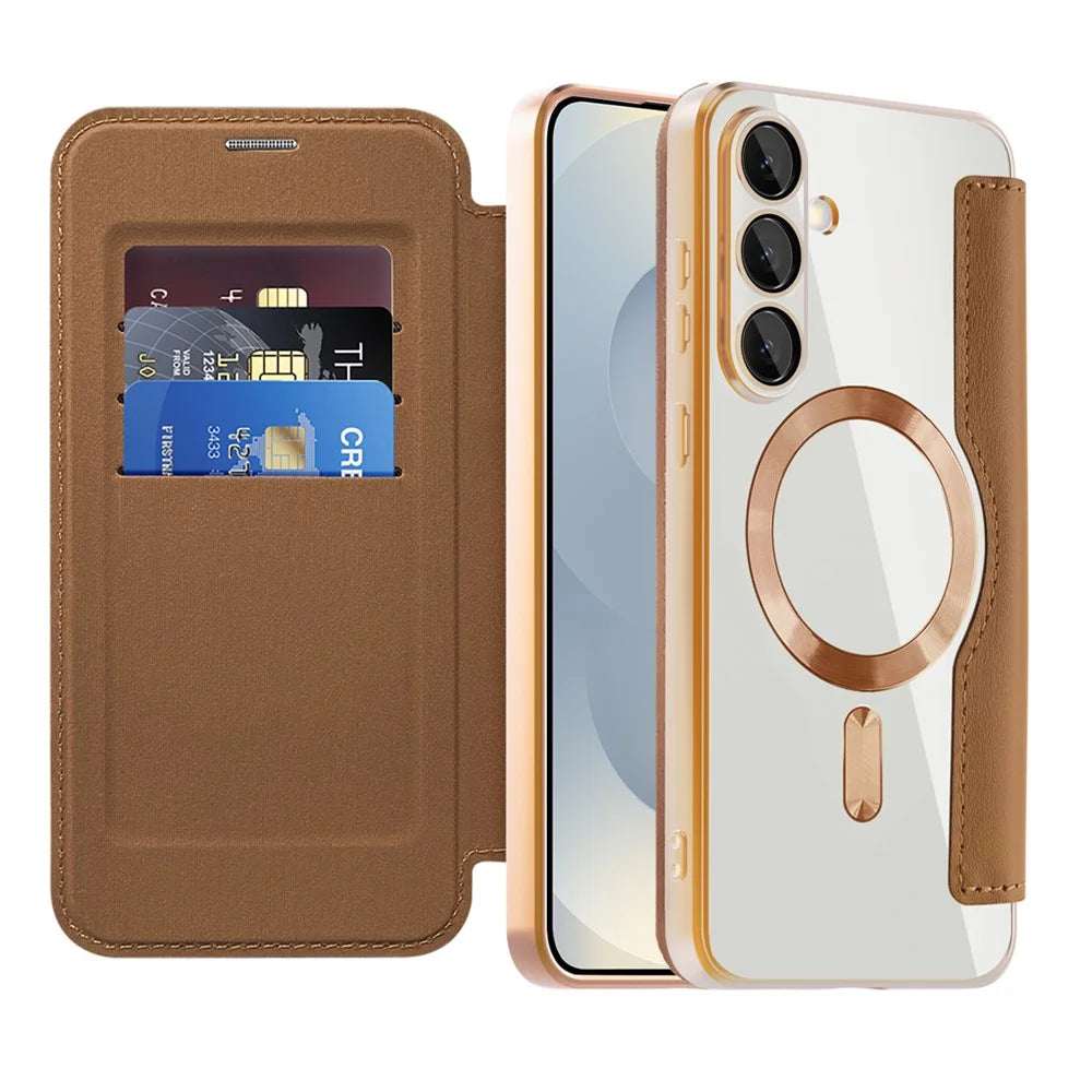 For Samsung Galaxy S25 FE Magnetic Case RFID Blocking Card Holder Leather Phone Cover - Brown - 4