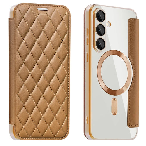 For Samsung Galaxy S25 FE Magnetic Case Rhombus PU Leather Phone Cover - Brown - 1