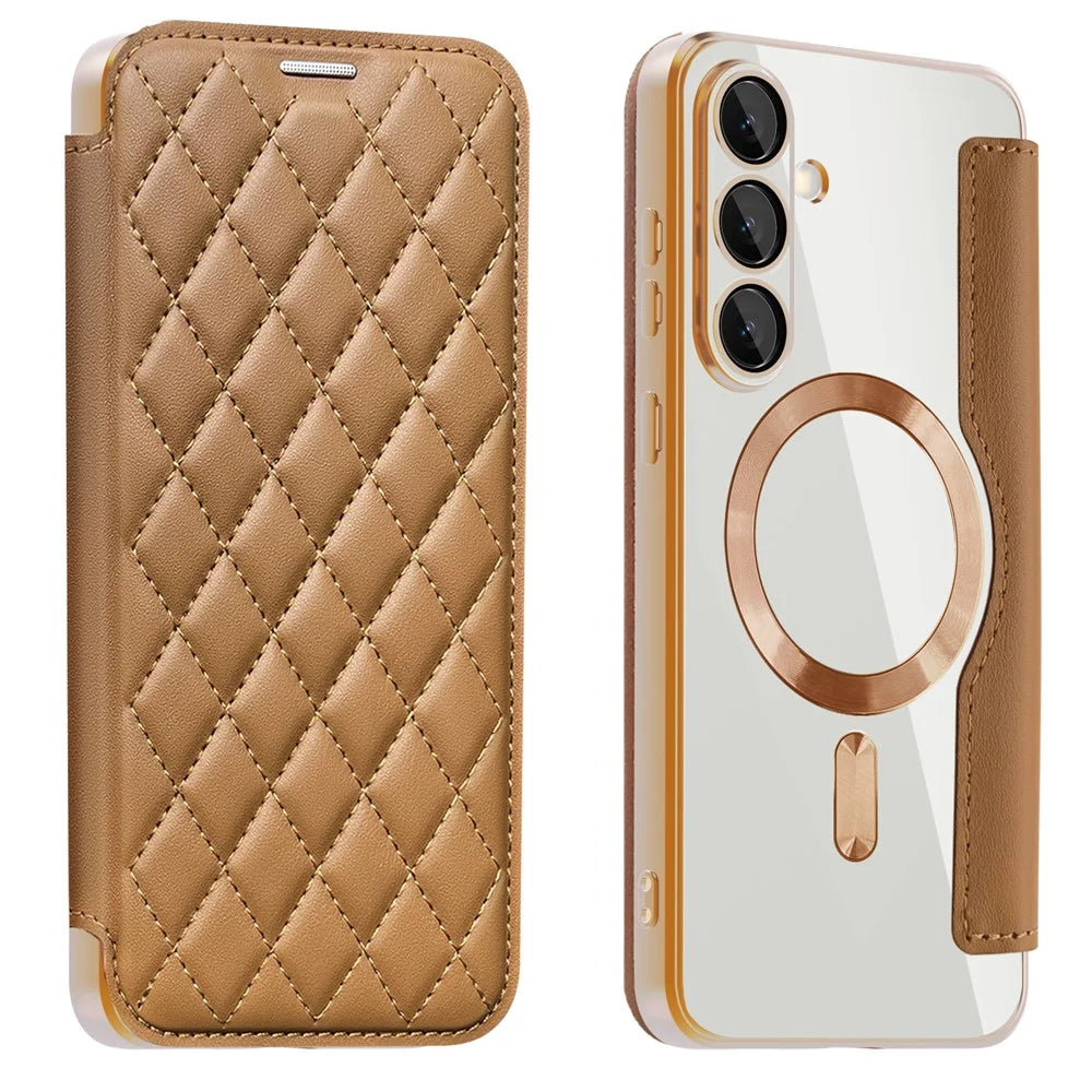 For Samsung Galaxy S25 FE Magnetic Case Rhombus PU Leather Phone Cover - Brown - 1